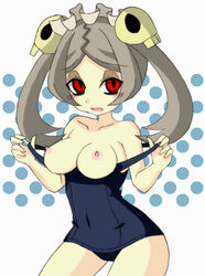 bloody_marie breasts color female female_only grey_hair maid_headdress nipples red_eyes short_hair skull skull_hair_ornament skullgirls solo swimsuit tied_hair twintails