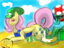 1girls 1other crossover cum female female_focus fluttershy_(mlp) friendship_is_magic mario_(series) my_little_pony nintendo outdoors piranha_plant straight_hair tentacle tongue tongue_out warp_pipe