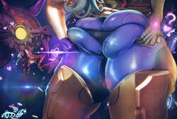 1boy 1girls armor armored_samus ass ass_focus big_ass bimbo blonde_hair bottom_heavy female female_focus fully_clothed large_ass male metroid nintendo panties ridley samus_aran tagme tudduls varia_suit zero_suit zero_suit_samus