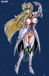 1girls areolae armor armored_boots blonde_hair breast breasts busty exposed_breasts exposed_pussy female female_only gauntlets human long_hair madoc mask masked neutral_mask no_bra no_panties pale-skinned_female pale_skin peacock_pavlin pubic_hair saint_seiya saint_seiya_omega shoulder_pads silver_saints solo thigh_boots tiara topless