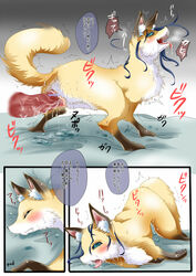 all_fours bakugatou bed blue_eyes blue_hair blush canine censored comic cum cum_inside dialog digitigrade disembodied_penis female feral fox from_behind fur hair ineffective_censorship japanese_text male orange_fur pawpads paws penis sex text tongue tongue_out transformation translation_request