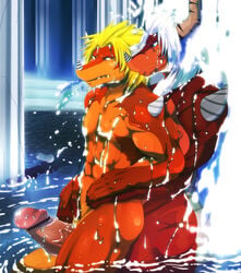 abs anthro balls biceps blonde_hair blush buddyfight censored debirobu dragon drum drum_(buddyfight) duo elder erection fangs father furry furry_only gay hair hand_holding horn incest long_hair love male muscles nipples no_humans nude parent penis red_dragon scar teeth waterfall white_hair