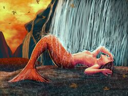 1girls bathing casual_nudity female female_only ground leaves lying mermaid mountain mythology nude pale_skin robet_xu sky solo tagme tail water waterfall whiteguardian