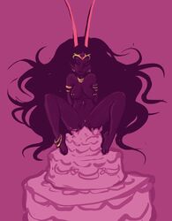 1girls black_hair black_skin bracelet breasts cake cake_sitting clitoris_piercing crown fin_piercing fins gold_jewelry homestuck horns jewelry long_hair ms_paint_adventures naked navel_piercing necklace nipple_piercing nipples piercings pink_background pussy solo_female the_condesce troll