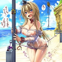 areolae beach bikini black_bikini blonde_hair blue_eyes blue_sky blush bondage bound bound_wrists braid breasts breasts_visible_through_clothing cleavage collar crown cuffs dress eyebrows_visible_through_hair female female_orgasm forced_orgasm french_braid hair_between_eyes handcuffs highres jewelry kantai_collection long_hair long_sleeves looking_at_viewer mini_crown monikano necklace nipples nipples_visible_through_clothing ocean off-shoulder_dress off_shoulder open_mouth orgasm pussy_juice pussy_juice_drip sand see-through side-tie_bikini sky solo swimsuit tearing_up thighs translation_check trembling warspite_(kantai_collection) wet wet_clothes