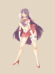 1girls bishoujo_senshi_sailor_moon breasts clothed_masturbation clothing color condom condom_in_mouth female female_only front_view high_heels human inviting_to_sex masturbation mouth_hold nipples rei_hino sailor_mars skirt small_breasts solo standing tagme vibrator warumono_tomii