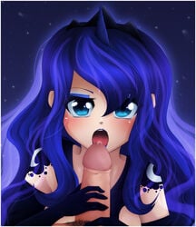 1boy 1girls blue_eyes blue_hair blush crown cutie_mark cyan_eyes elbow_gloves eyeshadow female friendship_is_magic gloves horn human humanized long_hair looking_at_viewer makeup my_little_pony penis penis_grab precum princess_luna_(mlp) solo_focus xshellah