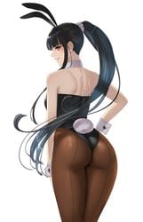 animal_ears ass bangs bare_shoulders black_hair black_leotard brown_eyes brown_legwear bunny_ears bunny_girl bunnysuit closed_mouth damegane eyebrows_visible_through_hair fake_animal_ears female from_behind hair_ornament hair_scrunchie hand_on_hip high_resolution highleg highleg_leotard leotard lidia_(damegane) lips long_hair looking_at_viewer looking_back original pantyhose ponytail scrunchie shiny shiny_clothes shiny_hair sidelocks simple_background smile solo strapless strapless_leotard tied_hair very_high_resolution white_background wrist_cuffs