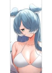 bikini bikini_top blue_hair breasts cleavage elira_pendora hair_over_one_eye head_wings jacket_partially_removed mole mole_on_armpit nijisanji nijisanji_en parkiranhonda swimsuit swimwear virtual_youtuber wet white_bikini