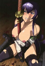 big_breasts blood blush breasts female highschool_of_the_dead light-skinned_female light_skin nipples saeko_busujima sword sword_between_breasts tagme weapon