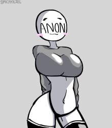 anon anony_(spicyhxzel) anonymous anonymous_female bald bald_female bald_woman blushing clothed cute eyebrows grey_background no_eyes oc panties smile spicyhxzel_(artist) white_skin