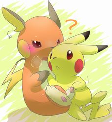 2015 blush erection female handjob kurou-karasu male nintendo penis pikachu pokemon pokemon_(species) raichu straight