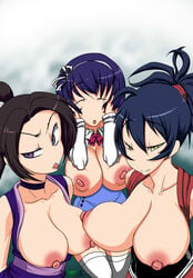 3girls areolae bedroom_eyes big_breasts breast_to_breast breasts closed_eyes crossover elsea_de_lute_irma exposed_breasts female_focus female_only huge_breasts kacashi321 kami_nomi_zo_shiru_sekai large_breasts manyuu_chifusa manyuu_hikenchou multiple_girls nipples purple_eyes seductive seductive_eyes seductive_look seikon_no_qwaser the_world_god_only_knows tomo_yamanobe yellow_eyes