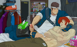 2boys abs bar_censor bed brown_hair brunette iori_yagami king_of_fighters male male_only masturbation muscular penis questionable_consent red_hair shingo_yabuki sleeping tagme yaoi