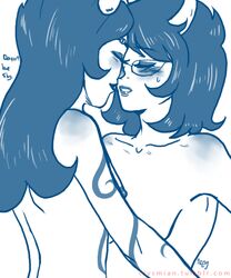 2girls aranea_serket black_hair breasts closed_eyes dialogue evy eyebrow_piercing glasses homestuck horns lesbian long_hair ms_paint_adventures multiple_girls naked nipples porrim_maryam short_hair tattoo text troll webcomic white_background white_skin