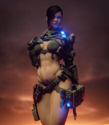 armour black_hair bra breasts helmet_removed llamasarepink pilot_(titanfall) pulse_blade_pilot tattoo_on_belly titanfall underwear