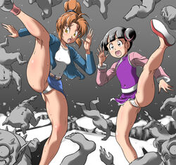 2girls akane_kimidori black_hair breasts brown_hair dr._slump dress female human light-skinned_female light_skin panties shirt short_hair tagme takimoto_dojo tsururin_tsun