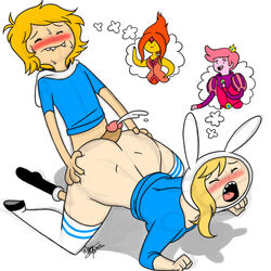 adventure_time aeolus06 bent_over bottomless buttjob cartoon_network female finn_the_human fionna_the_human_girl flame_princess male/female no_panties open_mouth orgasm prince_gumball rule_63 selfcest straight thighhighs