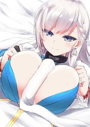 1boy azur_lane bangs belfast_(azur_lane) blue_dress blue_eyes breasts censored chains choker clothed_paizuri collar collarbone cum cum_between_breasts dress earrings female highres huge_breasts jewelry long_hair paizuri penis pov shirazawa silver_earrings silver_hair silver_ring smile solo_focus straight swept_bangs translated tray white_hair