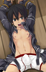 1boy angry arms_above_head black_hair blush bondage bound bound_wrists briefs brown_eyes bulge clothed_erection erection erection_under_clothes exposed fingerless_gloves gloves indoors jacket kirigaya_kazuto kirito looking_at_viewer male male_focus male_only malesub navel nipples on_back open_mouth partially_clothed short_hair solo solo_focus solo_male spread_legs submissive submissive_male sweat sword_art_online tagme teeth tongue underpants underwear undressing white_underwear young