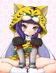 animal_hat armor beige_skin bottomless brown_eyes butterfly_position color female female_only flat_chest human long_hair open_eyes open_mouth purple_hair sitting solo the_ambition_of_nobuna_oda toshiie_maeda uncensored