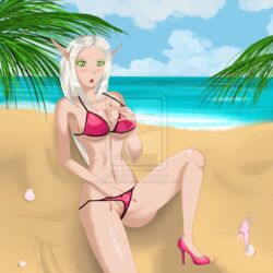 1girls beach bikini blood_elf blush breasts female glowing_eyes green_eyes masturbation pinklady pointy_ears solo watermark white_hair world_of_warcraft