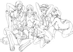 6girls blazblue breasts crossover empty_(artist) final_fantasy final_fantasy_vii human human_only kasumi_(pokemon) monochrome nintendo pokemon taokaka tifa_lockhart