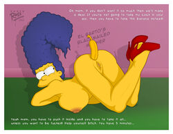 2012 angry ass banana blackmail blue_hair breasts color darth_ross english_text female female_only femsub hair high_heels human long_hair marge_simpson milf nipples nude pussy red_heels red_shoes solo tagme text the_simpsons vulva yellow_skin