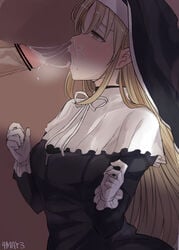 1boy 1girls after_fellatio artist_name bar_censor black_dress blonde_hair blush breasts censored clothed_sex cum cum_in_nose cum_string dress fellatio fellatio_in_dress female highres large_breasts light-skinned_female light-skinned_male light_skin long_hair nijisanji nun nun's_habit open_mouth penis sex_in_dress sister_cleaire straight tongue tongue_out upper_body virtual_youtuber yomei3week