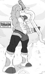 anthro clothes male male_only monochrome muscles outdoors pokemon solo standing sword terrakion topless weapon