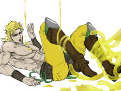 1boy arm_raised armwear boots digital_media_(artwork) dio_brando dubious_consent jojo's_bizarre_adventure looking_at_another male male_only muscular muscular_male one_eye_closed pants red_eyes slime solo stand_(jjba) stardust_crusaders tentacle tentacle_on_male topless topless_male white_background wokoto yellow_temperance