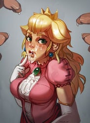 blonde_hair blush bukkake crown cum cum_on_clothes dress earrings elbow_gloves facial female gloves green_eyes long_hair mario_(series) nintendo penis princess_peach triuni