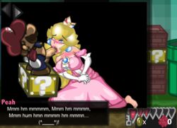 ?_block blush clothes color crown ear_piercing fellatio female human insertion male mario mario_(series) nintendo oral penis piercing playshapes princess_peach side_view size_difference straight super_mario_bros.