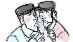 2boys blushing cap dripping fellatio gay headset kbunss looking_up male male_focus male_only oral oral_sex scout scout_(team_fortress_2) selfcest tagme team_fortress_2 tongue_out wrapped_hands