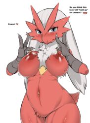 anthro anthrofied areolae big_areola big_nipples blaziken blue_eyes blush breasts chest_tuft english_text female fur heart large_breasts looking_at_viewer mane mizo_ne navel navel_piercing nintendo nipple_piercing nipple_play nipple_pull nipple_stimulation nipples nude piercing plain_background pokemon pokemon_(species) pokemorph pussy red_nipples solo sweat text translated tuft vaginal_piercing white_background