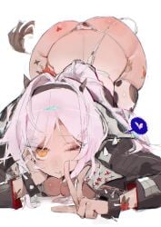 1girl 1girls animal_print arm_tattoo ass ass_up bikini black_jacket breasts butt cleavage commentary cow_print cow_print_bikini cow_print_thighhighs fefe_(vtuber) female flower_tattoo hair_intakes hairband highres indie_virtual_youtuber ip_chort jacket looking_at_viewer one_eye_closed orange_eyes pink_hair print_bikini print_thighhighs solo swimsuit tattoo thighhighs untranslatable_commentary v virtual_youtuber vtuber white_background