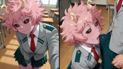 1girl ai_generated ashido_mina black_sclera blowjob_through_clothes boku_no_hero_academia bulge classroom erection_under_clothes face_focus grey_blazer horns my_hero_academia naughty_face pink_hair pink_skin red_necktie saliva seductive short_hair yellow_eyes