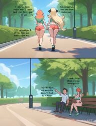 ai ai_art ai_generated anime anime_girl anime_style ass athletic athletic_female busty comic comic_page comic_panel comic_strip crop_top cynthia cynthia_(pokemon) english english_commentary english_dialogue english_text patreon patreon_logo patreon_username reshinart short_shorts takanashi_kiara