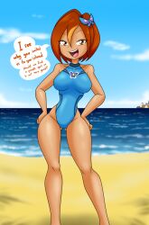 1girls beach butterfly_(planetronika) butterfly_hair_ornament imminent_sex impending_sex looking_at_viewer mouth_open ocean oil_rig one-piece_swimsuit orange_eyes planetronika red_hair sand sandwich-anomaly sex_invitation sex_offer short_hair smug swimsuit talking_to_viewer tanned_female thick_thighs thigh_gap warship