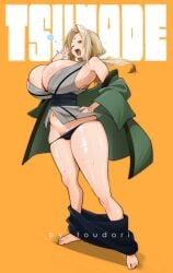 blonde_hair breasts brown_eyes cleavage curvy female female_only gigantic_breasts huge_breasts long_hair looking_at_viewer massive_breasts milf naruto naruto_(series) overflowing_breasts thick_thighs toudori tsunade yawn
