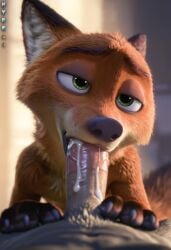 ai_generated anthro blowjob close-up cum_in_mouth fox furry gay green_eyes hydrai male_only nick_wilde orange_fur zootopia zootropolis
