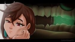 2025 audio ayase_momo brown_eyes brown_hair bubble_gum cassafem chewing chewing_gum dandadan earings face_focus female female_focus female_only food_transformation inside_mouth momo_ayase size_difference sound spirit tagme video vore