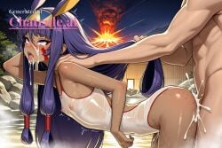 1girl ahegao ai_assisted ai_generated animal_ears bent_over body_freckles covered_navel cowboy_shot crying cum_on_face dark_skinned_female drool eyeliner facial_mark flat_chest freckles from_side hair_between_eyes hairband hand_behind_head hot_spring long_hair looking_at_viewer naked nipples nitocris_(fate) one_piece_swimsuit purple_eyes purple_hair sidelocks small_ass solo steam swimsuit taut_clothes water wet