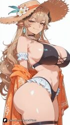 1girl ahoge ai_generated animal_ears arknights arknights:_endfield artist_name ass bangs bare_shoulders beads bikini black_bikini black_choker breasts brown_eyes brown_hair brown_headwear choker cleavage closed_mouth cowboy_shot earrings flower frilled_bikini frills hat horns jacket jewelry large_breasts long_hair looking_at_viewer meteorite_(arknights) navel necklace off_shoulder open_clothes open_jacket patreon senpai_pixels sensitive simple_background skindentation smile solo straw_hat swimsuit thigh_strap thighs white_background