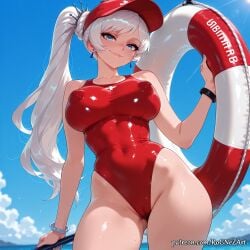 1girl 2026 ai_generated anime artist_name bangs bare_shoulders blue_eyes blue_nails blue_sky boobs bracelet breasts cameltoe cleavage cloud collarbone covered_navel covered_nipples cowboy_shot crossover day earrings eye_contact female female_focus hat highleg highleg_swimsuit highres holding huge_breasts innertube jewelry large_breasts lips long_hair looking_at_viewer nail_polish nsfw one-piece_swimsuit outdoors patreon patreon_username ponytail red_headwear red_one-piece_swimsuit rognezart rwby scar scar_across_eye scar_on_face shiny shiny_clothes shiny_hair shiny_skin side_ponytail sky smile smiling solo swimsuit thick_thighs thighs very_long_hair weiss_schnee wet white_hair