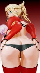 2girls 3d 3d_(artwork) 6thchariot alternate_version_available ass ass_awe ass_focus back back_view backboob big_ass black_leotard black_nail_polish black_nails blonde_hair bottomwear detached_sleeves fate_(series) female female_only grabbing_ass green_eyes hair hands_on_ass huge_ass legwear leotard looking_back mash_kyrielight mordred_(fate) nail_polish nails pink_hair purple_eyes revealing_clothes surprised surprised_expression thighs tied_hair topwear