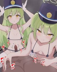 1boy 2girls absurdres alternate_breast_size_(larger) areola_slip arms_up bikini black_bikini black_tail blue_archive blush breasts censored commentary_request covered_nipples dark-skinned_male dark_skin demon_tail eikawa_suru green_hair green_halo halo hanging_breasts hat hetero highres hikari_(blue_archive) licking_lips long_hair long_sidelocks medium_breasts micro_bikini mosaic_censoring multiple_girls naughty_face nipple_stimulation nipple_tweak nozomi_(blue_archive) open_mouth peaked_cap penis pointy_ears rabbit_pose siblings sidelocks sisters smile swimsuit tail thighhighs tongue tongue_out twins twintails white_thighhighs yellow_eyes