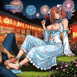 1girl 1man ai_assisted ai_generated anklets barefoot blue_eyes brown_hair candy_apple coat cum_on_feet cum_shot detached_sleeves erect_penis exposed_navel faceless_man festival fireworks floral_print flowers foot_fetish footjob frilled_armband frilled_sleeves frills from_side full_body ganassa hair_bow hair_rings hand_on_knee head_tilt highres holding_candy japanese_architecture layered_dress long_sleeves medium_skirt nakano_miku naked_man night night_sky outdoors perfect_anatomy perky_breasts pom_pom_(clothes) pom_pom_hair_ornament print_skirt pubic_hair river saggy_breasts shiny_skin single_glove sitting sitting_on_grass sleeveless_dress trees twintails unzipped_pants white_dress