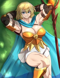 armor arms_behind_head arms_up blonde_hair blue_eyes brave_frontier grass hands_behind_head hocen limera lying lying_on_back muscular muscular_female short_hair smug solo solo_focus what_if