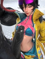 1girls 3d 4k areolae black_hair breasts dzooworks female highres jubilation_lee jubilee jubilee_(marvel_rivals) light-skinned_female light_skin marvel marvel_comics marvel_rivals straight venom_(marvel) venom_(marvel_rivals) video_games watermark